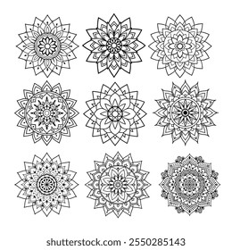 Ilustração de padrão de Mandala monocromático decorativo, Mandala geométrico e floral para o Zen e a criatividade
