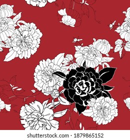 Decorative monochrome peony with leaves for design. Seamless pattern on a red background. Vector illustration.