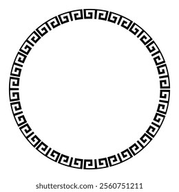 Decorative monochrome round frame for design with Chinese ornament and meander. Circle frame. Egyptian frame. Template for invitations, textiles, engraving, wooden furniture, porcelain, embroidery