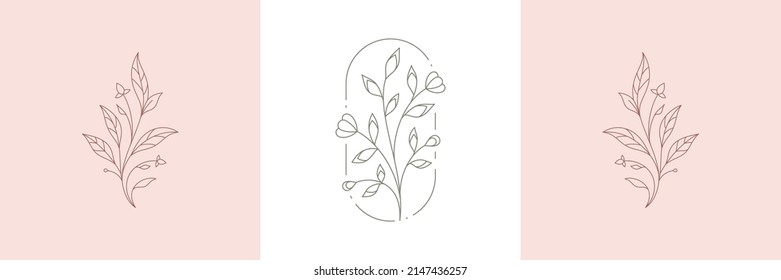 Decorative monochrome wild floral bouquet with petals, stem and leaves pastel logo set vector illustration. Simple line art decor for elegant greeting card beauty wellness gardening farm market shop