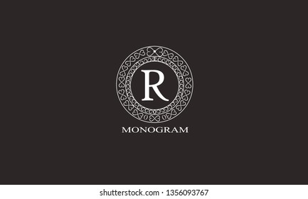 Decorative monogram with calligraphic font, letter R. Identification design for a cafe, shop, office, restaurant, boutique, hotels, heraldry, fashion, etc. Vector illustration