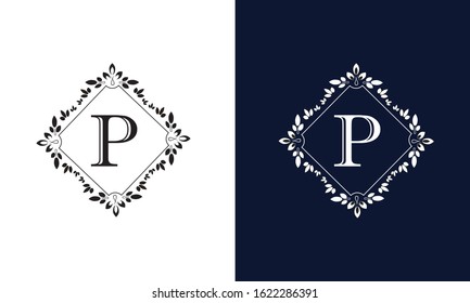 Decorative monogram flower with letter P on white and black background. Design with ornament of emblem of enterprise, organization, institution.
