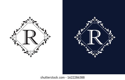 Decorative monogram flower with letter R on white and black background. Design with ornament of emblem of enterprise, organization, institution.