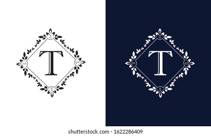 Decorative monogram flower with letter T on white and black background. Design with ornament of emblem of enterprise, organization, institution.