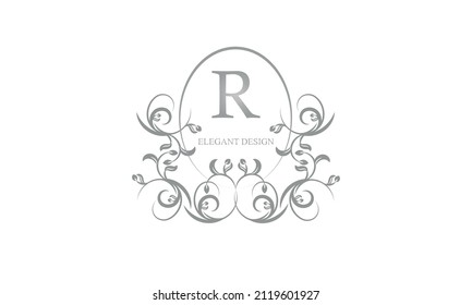 Decorative monogram in gray tones with the letter R. Logo design for restaurants, hotel cards, business. Business refined style and brand of the company.