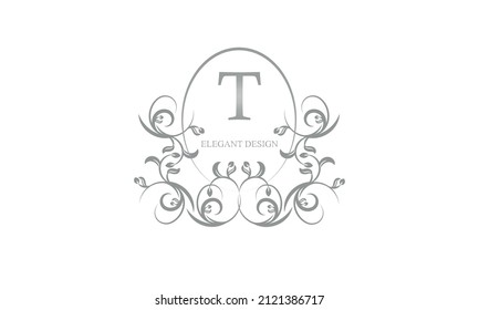Monograma decorativo en tonos grises con la letra T. Diseño de logotipos para restaurantes, tarjetas de hotel, negocios. El estilo y la marca de la empresa son refinados.