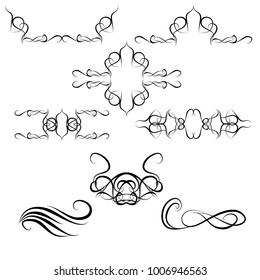 Decorative monograms and calligraphic borders. Template signage, logos, labels, stickers, cards. Graphic design page. Classic design elements for wedding invitations