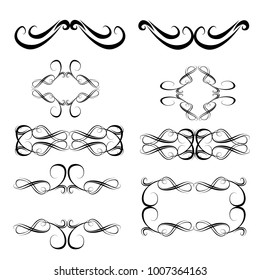  Decorative monograms and calligraphic borders. Template signage, logos, labels, stickers, cards. Graphic design page. Classic design elements for wedding invitations.