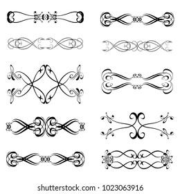 Decorative monograms and calligraphic borders. Template signage, logos, labels, stickers, cards. Graphic design page. Classic design elements for wedding invitations