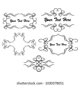 Decorative monograms and calligraphic borders. Template signage, logos, labels, stickers, cards. Graphic design page. Classic design elements for wedding invitations.