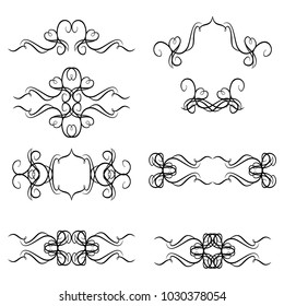 Decorative monograms and calligraphic borders. Template signage, logos, labels, stickers, cards. Graphic design page. Classic design elements for wedding invitations.