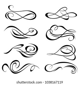 Decorative monograms and calligraphic borders. Template signage, logos, labels, stickers, cards. Graphic design page. Classic design elements for wedding invitations.