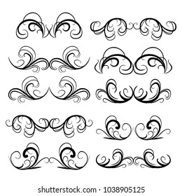 Decorative monograms and calligraphic borders. Template signage, logos, labels, stickers, cards. Graphic design page. Classic design elements for wedding invitations.