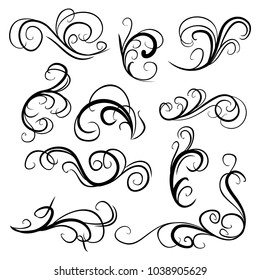 Decorative monograms and calligraphic borders. Template signage, logos, labels, stickers, cards. Graphic design page. Classic design elements for wedding invitations.