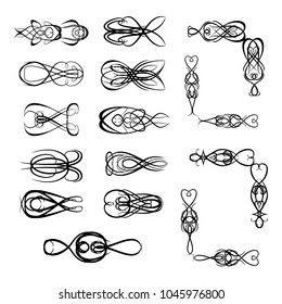 Decorative monograms and calligraphic borders. Template signage, logos, labels, stickers, cards. Graphic design page. Classic design elements for wedding invitations.