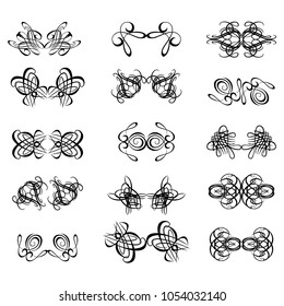 Decorative monograms and calligraphic borders. Template signage, logos, labels, stickers, cards. Graphic design page. Classic design elements for wedding invitations