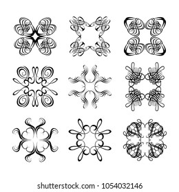 Decorative monograms and calligraphic borders. Template signage, logos, labels, stickers, cards. Graphic design page. Classic design elements for wedding invitations