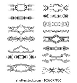 Decorative monograms and calligraphic borders. Template signage, logos, labels, stickers, cards. Graphic design page. Classic design elements for wedding invitations.