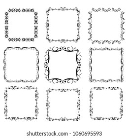 Decorative monograms and calligraphic borders. Template signage, logos, labels, stickers, cards. Graphic design page. Classic design elements for wedding invitations