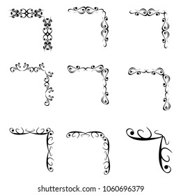 Decorative monograms and calligraphic borders. Template signage, logos, labels, stickers, cards. Graphic design page. Classic design elements for wedding invitations