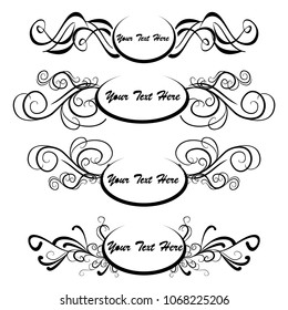 Decorative monograms and calligraphic borders. Template signage, logos, labels, stickers, cards. Graphic design page. Classic design elements for wedding invitations.