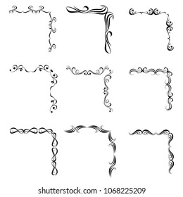 Decorative monograms and calligraphic borders. Template signage, logos, labels, stickers, cards. Graphic design page. Classic design elements for wedding invitations.