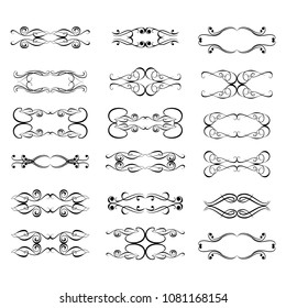 Decorative monograms and calligraphic borders. Template signage, logos, labels, stickers, cards. Graphic design page. Classic design elements for wedding invitations