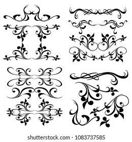 Decorative monograms and calligraphic borders. Template signage, logos, labels, stickers, cards. Graphic design page. Classic design elements for wedding invitations.