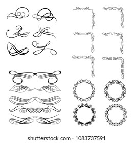 Decorative monograms and calligraphic borders. Template signage, logos, labels, stickers, cards. Graphic design page. Classic design elements for wedding invitations.