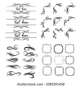 Decorative monograms and calligraphic borders. Template signage, logos, labels, stickers, cards. Graphic design page. Classic design elements for wedding invitations