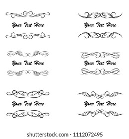 Decorative monograms and calligraphic borders. Template signage, logos, labels, stickers, cards. Graphic design page. Classic design elements for wedding invitations.