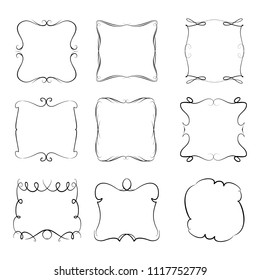 Decorative monograms and calligraphic borders. Template signage, logos, labels, stickers, cards. Graphic design page. Classic design elements for wedding invitations