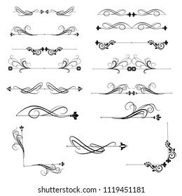 Decorative monograms and calligraphic borders. Template signage, logos, labels, stickers, cards. Graphic design page. Classic design elements for wedding invitations