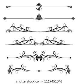 Decorative monograms and calligraphic borders. Template signage, logos, labels, stickers, cards. Graphic design page. Classic design elements for wedding invitations