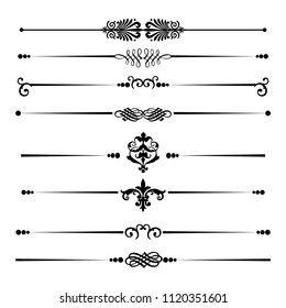 Decorative monograms and calligraphic borders. Template signage, logos, labels, stickers, cards. Graphic design page. Classic design elements for wedding invitations