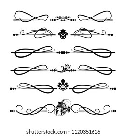 Decorative monograms and calligraphic borders. Template signage, logos, labels, stickers, cards. Graphic design page. Classic design elements for wedding invitations