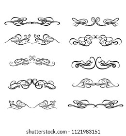 Decorative monograms and calligraphic borders. Template signage, logos, labels, stickers, cards. Graphic design page. Classic design elements for wedding invitations.