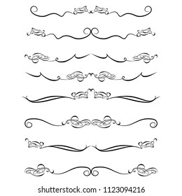 Decorative monograms and calligraphic borders. Template signage, logos, labels, stickers, cards. Graphic design page. Classic design elements for wedding invitations