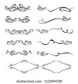 Decorative monograms and calligraphic borders. Template signage, logos, labels, stickers, cards. Graphic design page. Classic design elements for wedding invitations