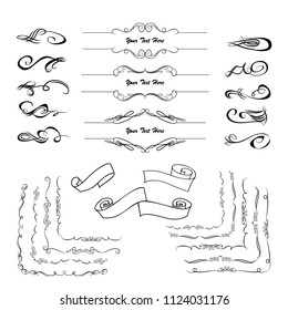 Decorative monograms and calligraphic borders. Template signage, logos, labels, stickers, cards. Graphic design page. Classic design elements for wedding invitations