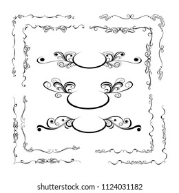 Decorative monograms and calligraphic borders. Template signage, logos, labels, stickers, cards. Graphic design page. Classic design elements for wedding invitations