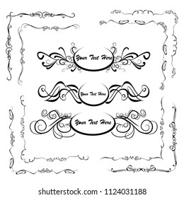 Decorative monograms and calligraphic borders. Template signage, logos, labels, stickers, cards. Graphic design page. Classic design elements for wedding invitations