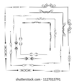 Decorative monograms and calligraphic borders. Template signage, logos, labels, stickers, cards. Graphic design page. Classic design elements for wedding invitations.