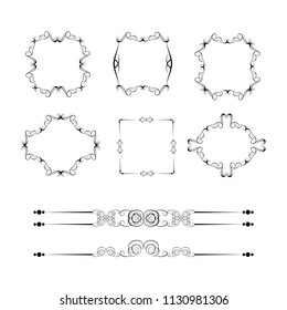 Decorative monograms and calligraphic borders. Template signage, logos, labels, stickers, cards. Graphic design page. Classic design elements for wedding invitations.