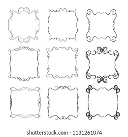  Decorative monograms and calligraphic borders. Template signage, logos, labels, stickers, cards. Graphic design page. Classic design elements for wedding invitations