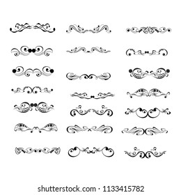 Decorative monograms and calligraphic borders. Template signage, logos, labels, stickers, cards. Graphic design page. Classic design elements for wedding invitations.