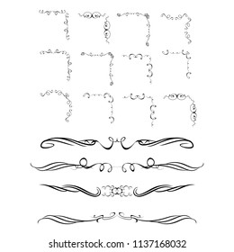 Decorative monograms and calligraphic borders. Template signage, logos, labels, stickers, cards. Graphic design page. Classic design elements for wedding invitations.