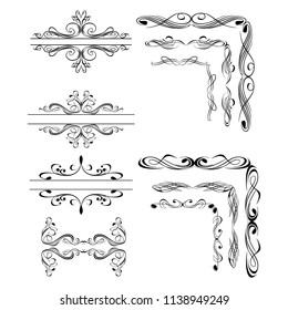  Decorative monograms and calligraphic borders. Template signage, logos, labels, stickers, cards. Graphic design page. Classic design elements for wedding invitations