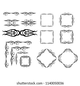 Decorative monograms and calligraphic borders. Template signage, logos, labels, stickers, cards. Graphic design page. Classic design elements for wedding invitations.