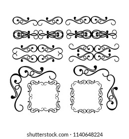  Decorative monograms and calligraphic borders. Template signage, logos, labels, stickers, cards. Graphic design page. Classic design elements for wedding invitations